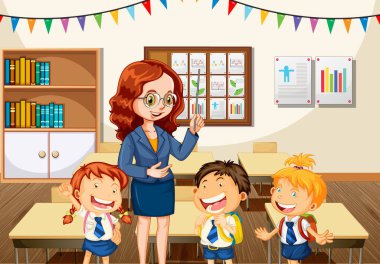 Öğretmenler sınıf sahne resimlerinde öğrencilere öğretiyor