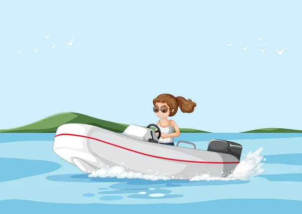 Een Vrouw Rijden Speedboot Rivier Scene Illustratie — Stockvector