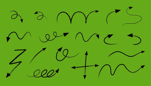 Diferentes Tipos Setas Curvas Desenhadas Mão Fundo Verde Ilustração —  Vetores de Stock