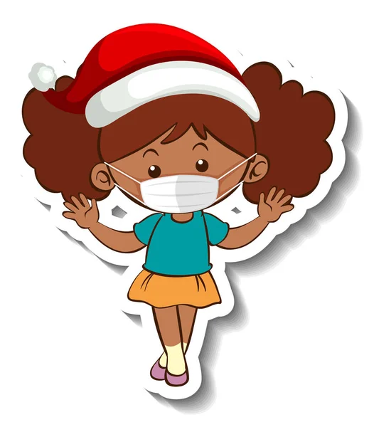 Egy Matrica Sablon Egy Lány Visel Maszkot Karácsonyi Téma Illusztráció — Stock Vector