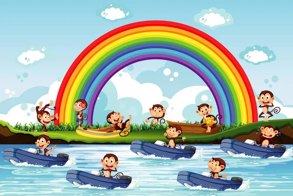 Lot Monkeys Riding Motor Boat River Illustration — Stock Vector