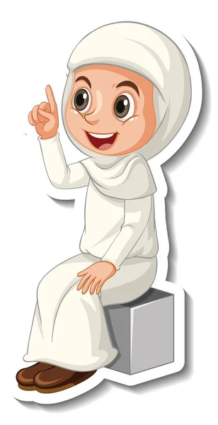 带有穆斯林女孩卡通人物插图的贴纸模板 — 图库矢量图片