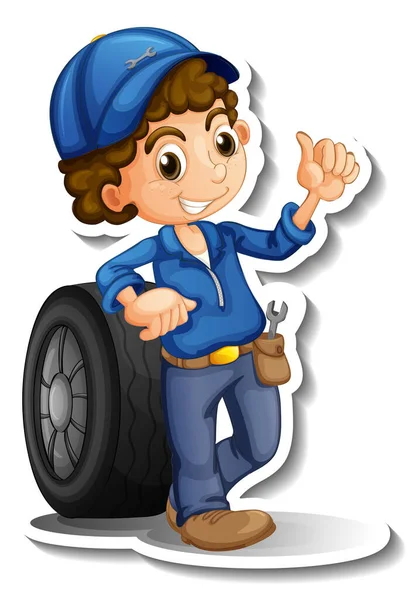 Sticker Design Auto Mechanic Cartoon Character Illustration — Stock Vector