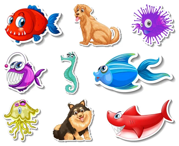 Set Stickers Sea Animals Dogs Cartoon Character Illustration — Stock Vector