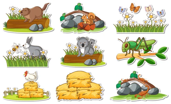 Sticker Set Met Verschillende Wilde Dieren Natuur Elementen Illustratie — Stockvector