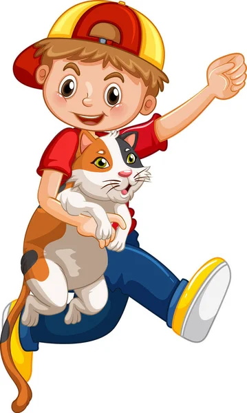 Boy Holding Cute Cat Cartoon Character Isolated White Background Illustration — Stock Vector