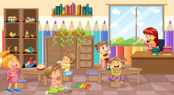 Escena Habitación Guardería Con Maestro Muchos Niños Ilustración — Archivo Imágenes Vectoriales