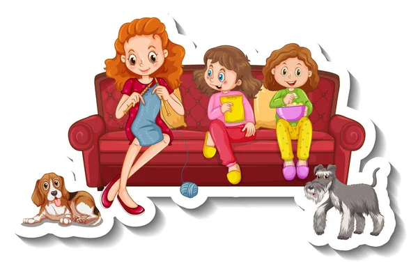 Sticker Template Small Family Members Sitting Sofa Illustration — Stock Vector