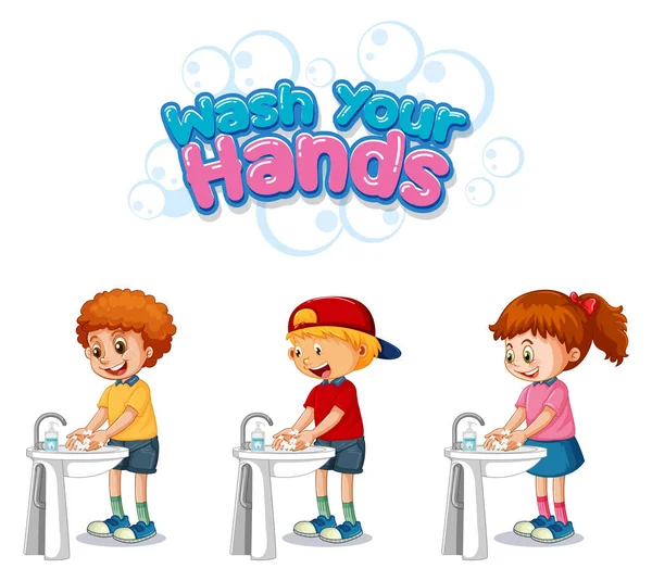 Πλύνετε Χέρια Σας Γραμματοσειρά Σχεδιασμό Παιδιά Πλύσιμο Των Χεριών Τους — Διανυσματικό Αρχείο
