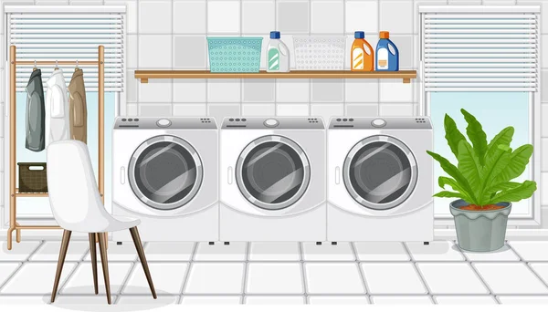 Waschküche Szene Mit Waschmaschine Und Kleiderbügel Illustration — Stockvektor