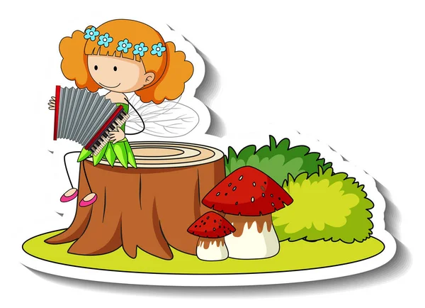 Sticker Template Fairy Playing Accordion Isolated Illustration — Stock Vector