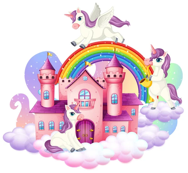 Muchos Unicornios Lindo Personaje Dibujos Animados Con Castillo Nube Ilustración — Vector de stock