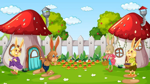 Escena Jardín Con Muchos Conejos Ilustración Personajes Dibujos Animados — Archivo Imágenes Vectoriales