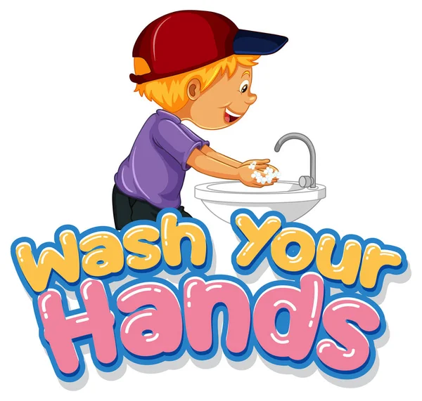 Waschen Sie Ihre Hände Schriftdesign Mit Einem Jungen Waschen Seine — Stockvektor
