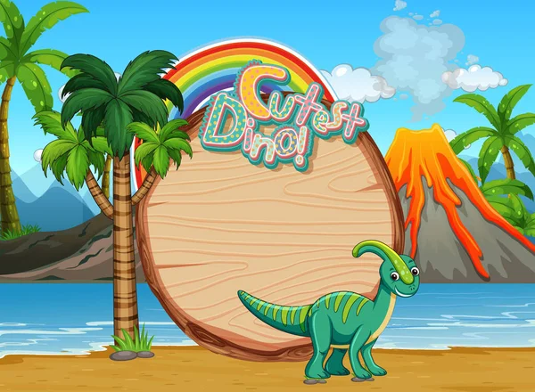 Beach Scene Empty Board Template Cute Dinosaur Cartoon Character Illustration — Stock Vector