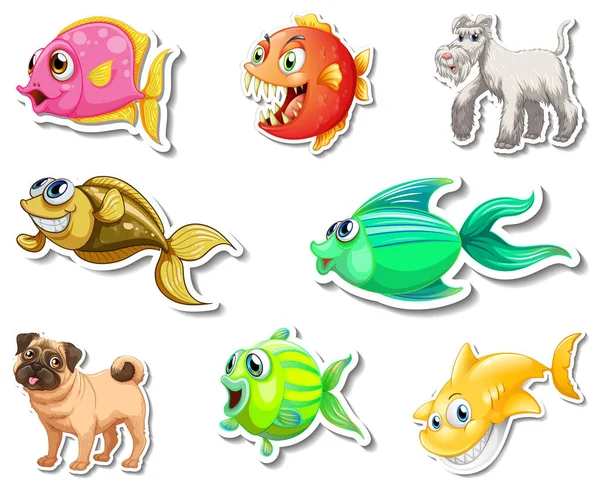 Set Stickers Sea Animals Dogs Cartoon Character Illustration — Stock Vector