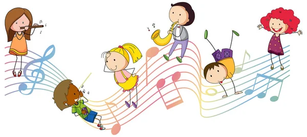 多くの子供の漫画のキャラクターイラストと音楽メロディー記号 — ストックベクタ