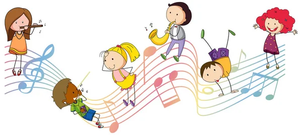 Musicalmelodie Symbole Mit Vielen Kritzelkindern Zeichentrickfigur Illustration — Stockvektor