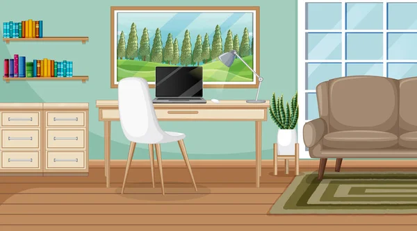 Escena Sala Trabajo Con Una Computadora Portátil Ilustración Mesa — Vector de stock