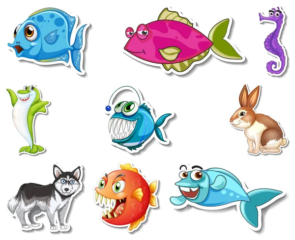 Jeu Autocollants Avec Animaux Marins Chiens Illustration Personnage Dessin Animé — Image vectorielle