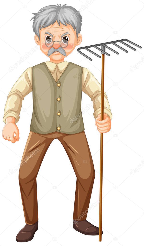 Old farmer man cartoon character holding rake garden tool illustration