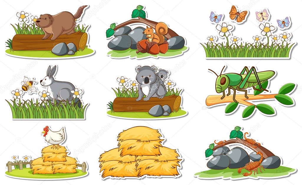Sticker set with different wild animals and nature elements illustration