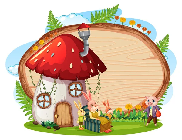 Blank Wooden Board Garden Mushroom House Isolated Illustration — Stock Vector