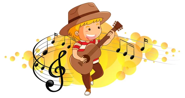 Personagem Desenho Animado Menino Tocando Guitarra Símbolos Melodia Fundo Ilustração — Vetor de Stock