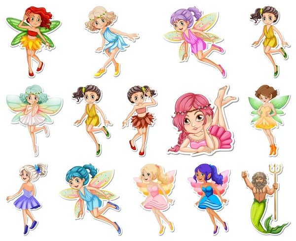 Conjunto Pegatinas Con Bellas Hadas Sirena Ilustración Personajes Dibujos Animados — Archivo Imágenes Vectoriales