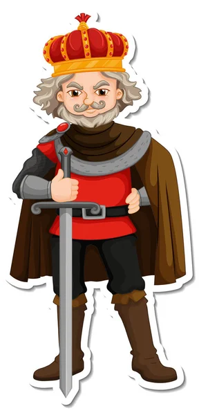 Roi Tenant Épée Personnage Dessin Animé Autocollant Illustration — Image vectorielle