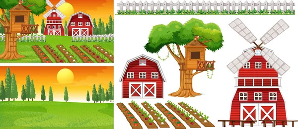 Conjunto Elementos Agrícolas Aislados Con Ilustración Escena Granja — Archivo Imágenes Vectoriales