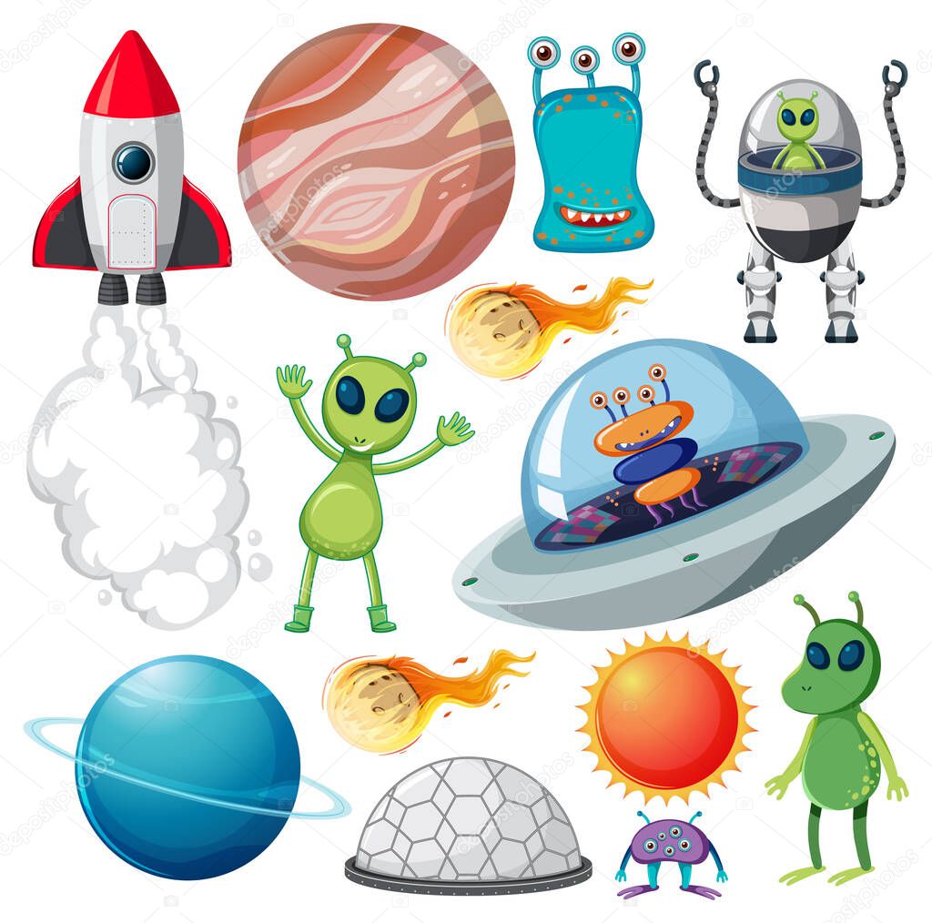 Set of various space objects on white background illustration
