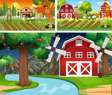 Çiftlik hayvanlarının olduğu farklı çiftlik sahneleri çizgi film karakteri çizimleri