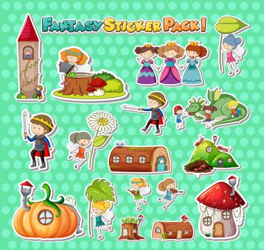 Farklı fantezi çizgi film karakterleri resimli çıkartma seti