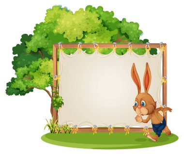 Bahçedeki boş pankartta izole edilmiş bir tavşan resmi var.