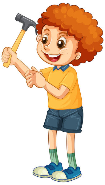 A boy holding hammer on white background illustration