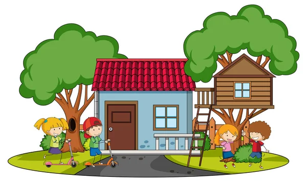 Elülső Kilátás Mini Ház Sok Gyerekkel Fehér Háttér Illusztráció — Stock Vector
