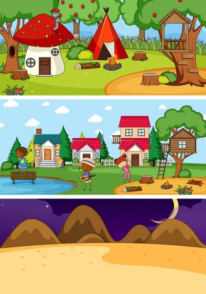 Conjunto Diferentes Escenas Horizontales Fondo Con Dibujos Animados Para Niños — Archivo Imágenes Vectoriales