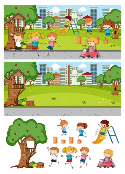 Set Különböző Horizontális Park Jelenetek Firka Gyerekek Rajzfilm Karakter Illusztráció — Stock Vector