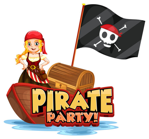 Pirate Party font banner with a pirate girl standing on a boat illustration