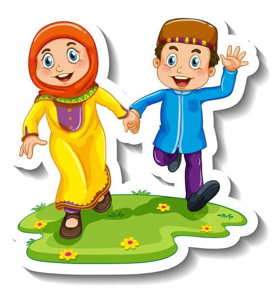 带有一对穆斯林儿童卡通人物插图的贴纸模板 — 图库矢量图片