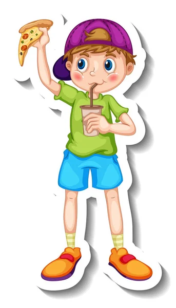 少年がジャンクフード漫画のキャラクターを食べてステッカーテンプレート孤立イラスト — ストックベクタ