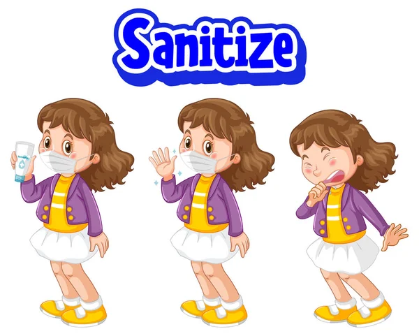 Sanitize Fuente Estilo Cartoon Con Chica Con Máscara Médica Ilustración — Archivo Imágenes Vectoriales