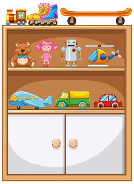 Various Toys Shelves Cabinet Illustration — Stock Vector