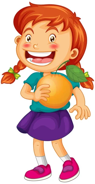 Uma Menina Segurando Personagem Desenho Animado Laranja Fruta Isolado Fundo — Vetor de Stock