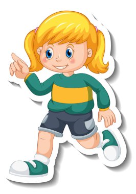 Çıkartma şablonu yürüyen bir kızla karikatür karakteri izole edilmiş.