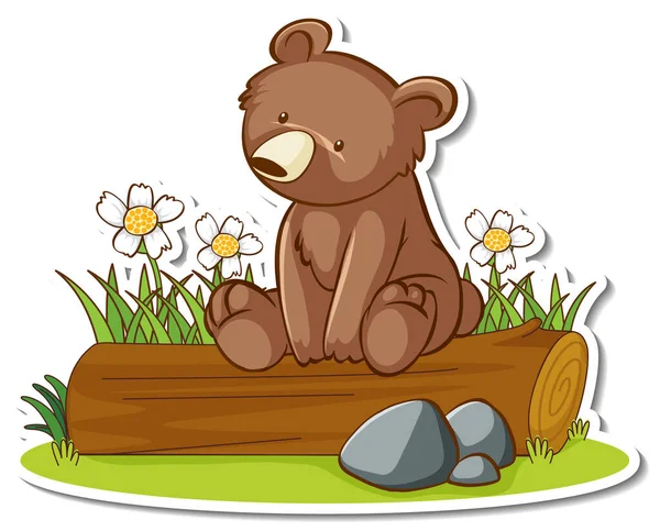 Grizzly Bear Sitting Log Sticker Illustration — Stock Vector