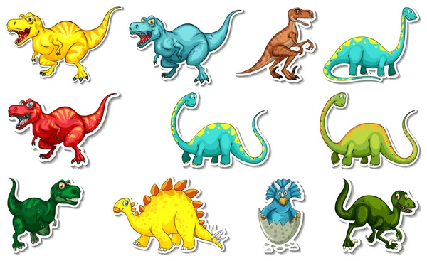 Αυτοκόλλητο Σύνολο Διαφορετικούς Τύπους Των Δεινοσαύρων Εικονογράφηση Χαρακτήρες Κινουμένων Σχεδίων — Διανυσματικό Αρχείο