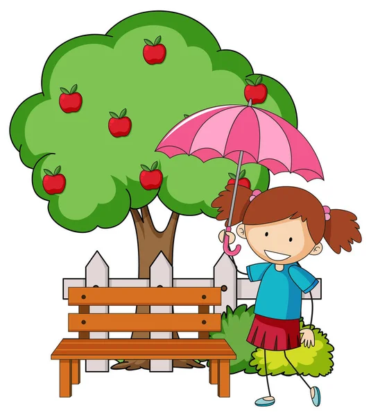 Doodle Cartoon Character Girl Holding Umbrella Apple Tree Illustration — Stock Vector