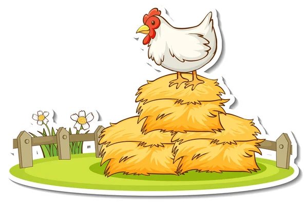 Chicken Standing Haystack Sticker Illustration — Stock Vector